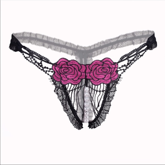 Other - 🔥Crotchless Pearl Coral Red & Black Lace Thongs😍